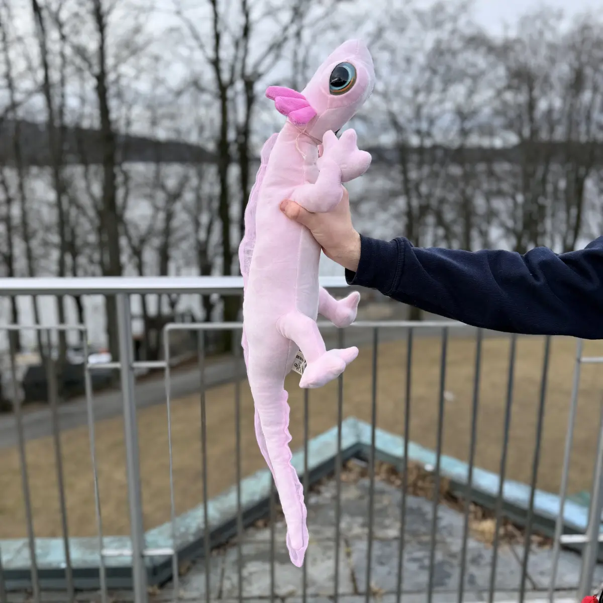 Axolotl bamse rosa 82 cm holdt opp vertikalt utendørs, viser den ekstra lange kroppen