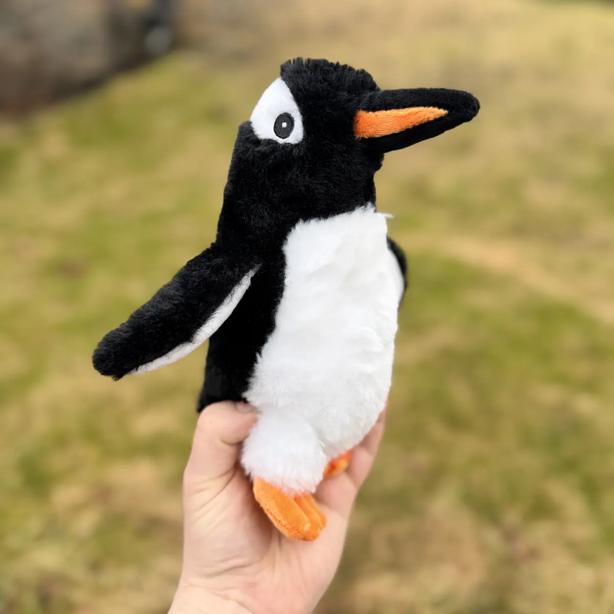 Pingvin bamse 22 cm holdt i en hånd utendørs, viser nebb, øye og oransje føtter